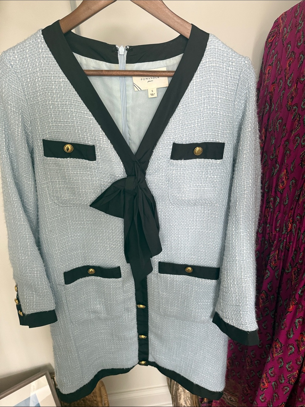 Pomander Place Light Blue Tweed Dress with Black Trim
